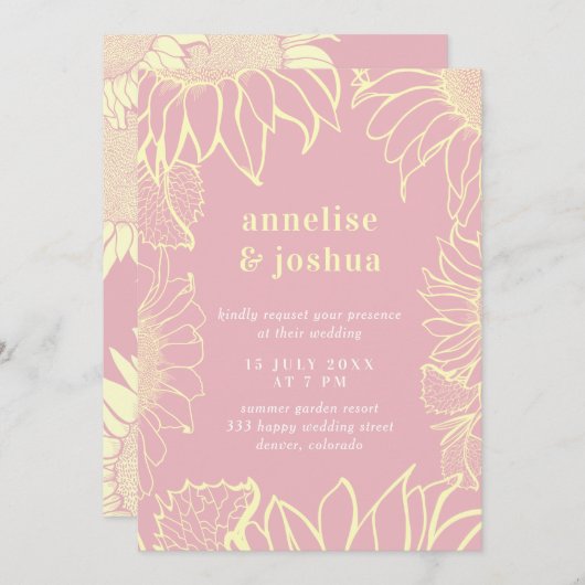 サマーイエローピンクモダンフローラ結婚ズ 招待状 (正面/裏面)