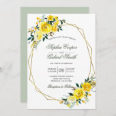 サマーイエローローズフローラ金ゴールド結婚フレーム 招待状 (正面/裏面)