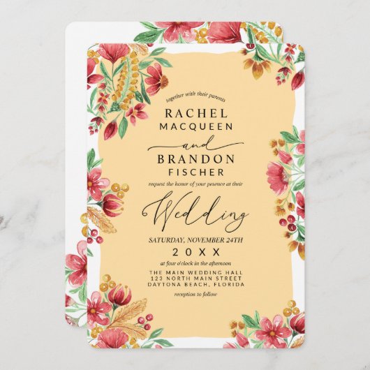 サマーイエロー ピンク レッド フローラル ウォーターカラー ウェディング 招待状 (正面/裏面)