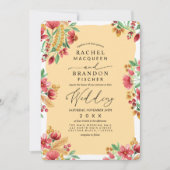 サマーイエロー ピンク レッド フローラル ウォーターカラー ウェディング 招待状 (正面)