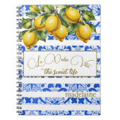 サマーイタリアンレモン植物性ブルータイルストライプ ノートブック (正面)
