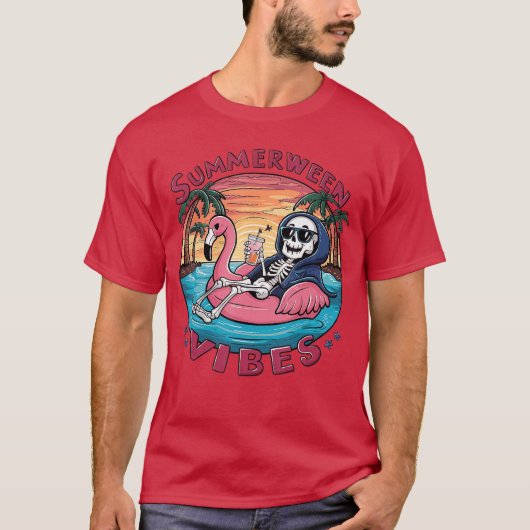 サマーウィーンの雰囲気 ハロウィン 夏の楽しみ フラミンゴ スケ Tシャツ (正面)