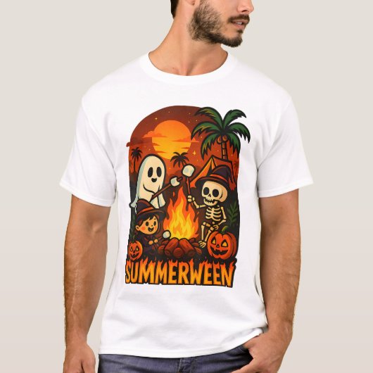 サマーウィーンキャンプファイア幽霊スケルトン面白いハロウィーン Tシャツ (正面)