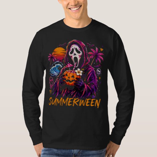 サマーウィーンゴーストフェイスパンプキンビーチ Tシャツ (正面)