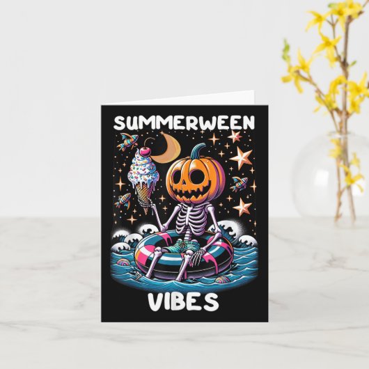 サマーウィーンサマーハロウィンおもしろいスケルトンアイスクル カード (黄色い花)