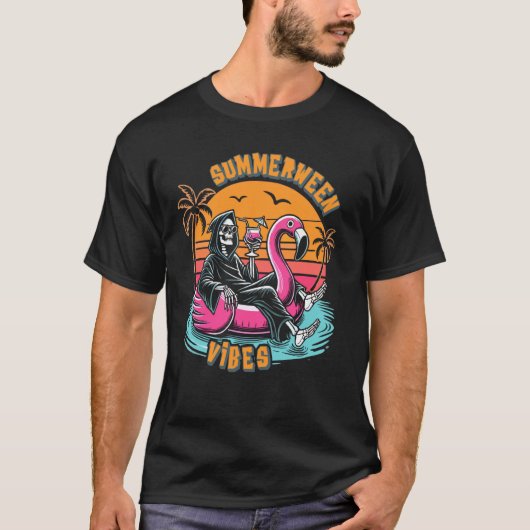 サマーウィーンビーブススケルトンフラミンゴ不気味ハロウィー Tシャツ (正面)