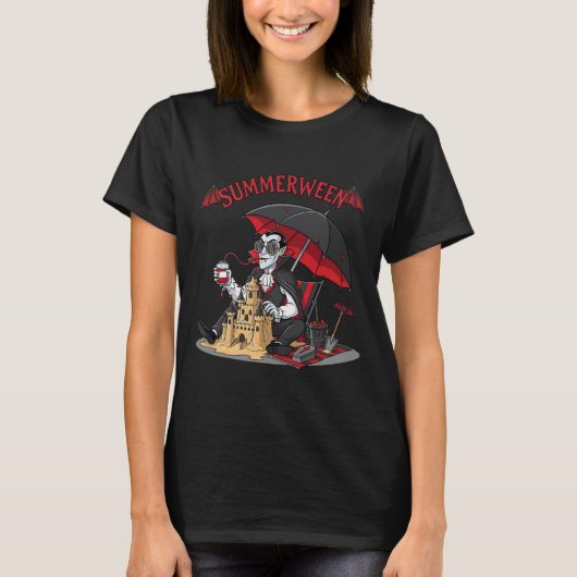 サマーウィーン吸血鬼ビーチドラキュラ砂の城ゴシック Tシャツ (正面)