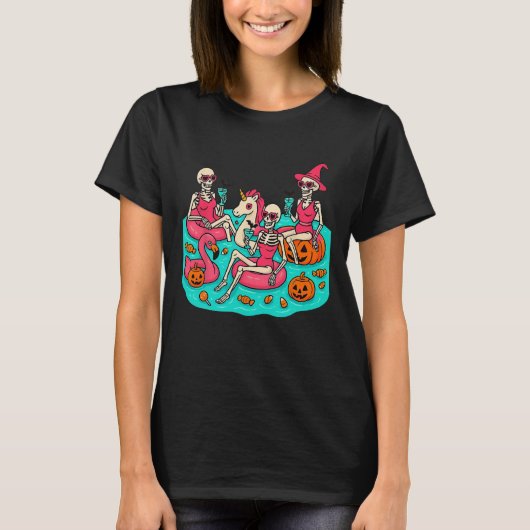 サマーウィーン・スケルトン・フラミンゴ ハロウィンを待つばかり Tシャツ (正面)