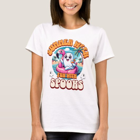 サマーウィーン スプーキー かわいい おばけ フラミンゴ フロート ビーチ Tシャツ (正面)