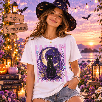 サマーウィーン セレスティアル ブラックキャット ムーンフローラル マジック Tシャツ