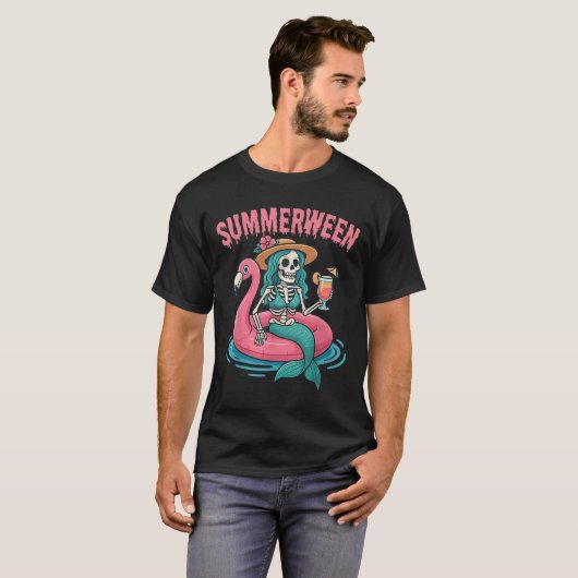 サマーウィーン マーメイド スケルトン ビーチ フラミンゴ ハロウィン Tシャツ (正面フル)