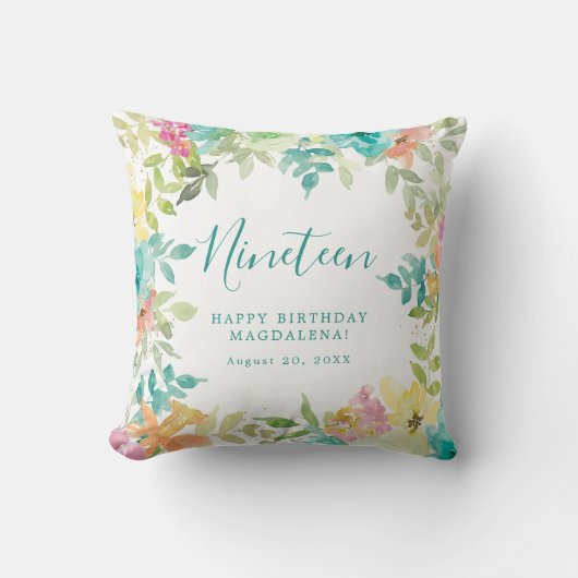 サマーウォーターカラーカスタムフローラ19誕生日 クッション (正面)