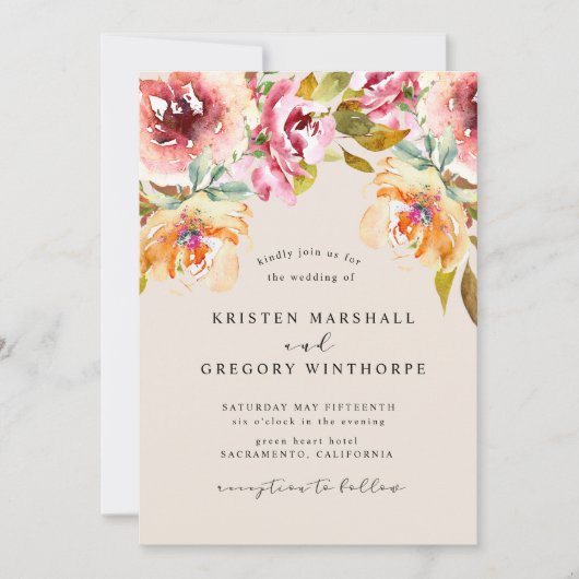 サマーウォーターカラーガーデンフローラエレガントな結婚式 招待状 (正面)