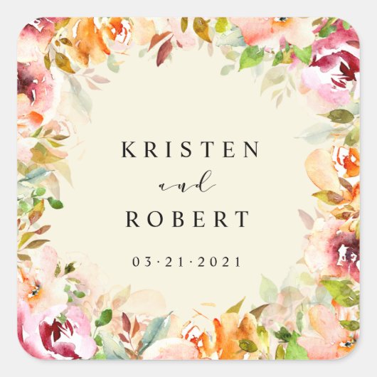 サマーウォーターカラーガーデン結婚フローラ スクエアシール (正面)