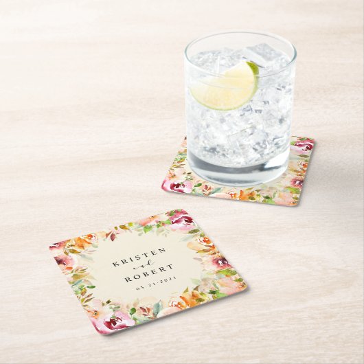 サマーウォーターカラーガーデン結婚フローラ スクエアペーパーコースター (インサイチュ)