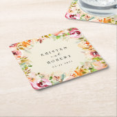 サマーウォーターカラーガーデン結婚フローラ スクエアペーパーコースター (アングル)