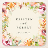 サマーウォーターカラーガーデン結婚フローラ スクエアペーパーコースター (正面)