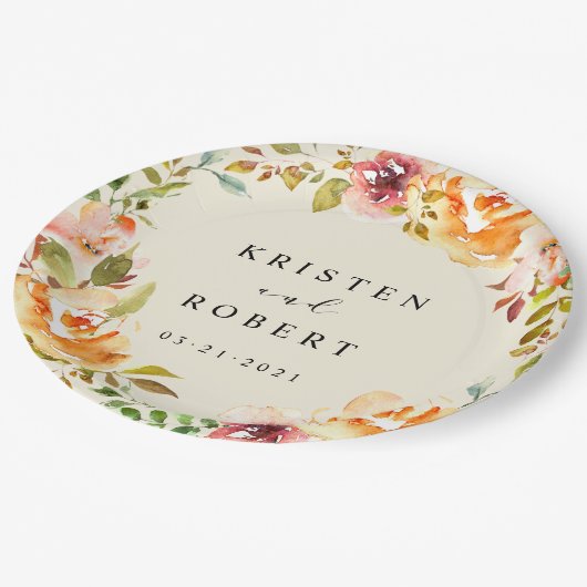 サマーウォーターカラーガーデン結婚フローラ ペーパープレート (アングル)