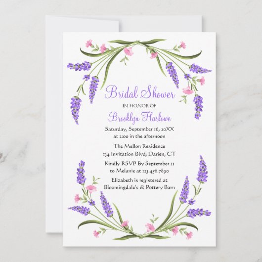 サマーウォーターカラーパープルフローラブライダルシャワー 招待状 (正面)