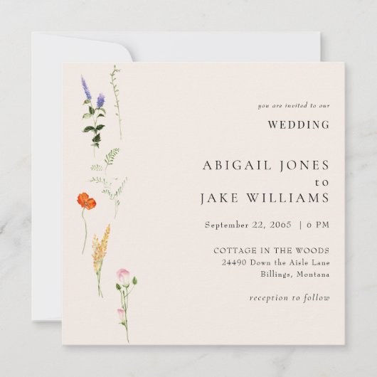 サマーウォーターカラーフローラスクエア結婚ズ 招待状 (正面)