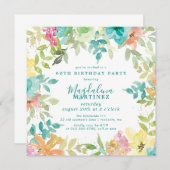 サマーウォーターカラーフローラスクエア60誕生日 招待状 (正面/裏面)