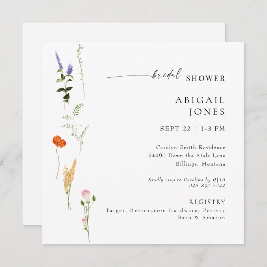 サマーウォーターカラーフローラホワイトブライダルシャワー 招待状 (正面/裏面)