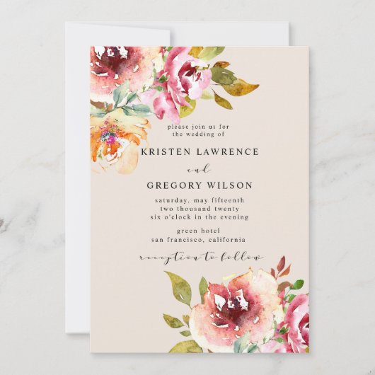 サマーウォーターカラーフローラ庭園の結婚式招待状 招待状 (正面)