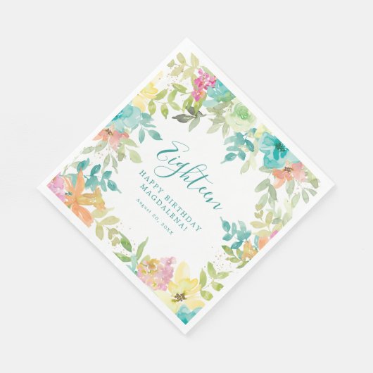 サマーウォーターカラーフローラ18誕生日カスタム スタンダードランチョンナプキン (角)