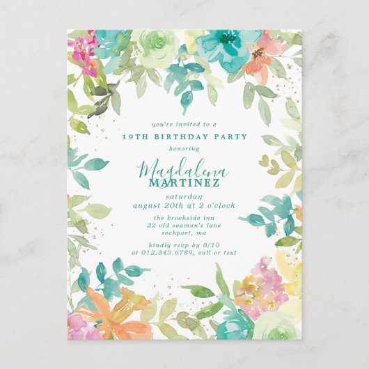 サマーウォーターカラーフローラ19th誕生日招待状 ポストカード (正面)