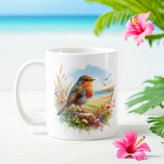 サマーウォーターカラーロビンオンビーチ コーヒーマグカップ