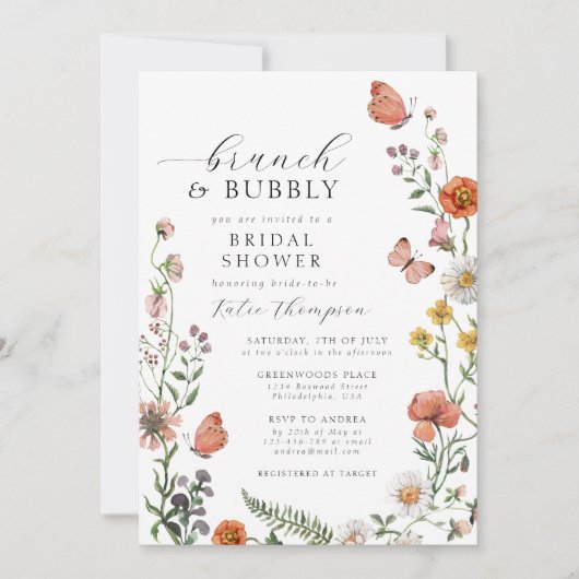 サマーウォーターカラーワイルドフラワーブランチブライダルシャワー 招待状 (正面)