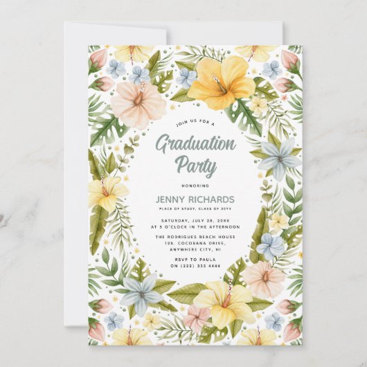 サマーウォーターカラー熱帯フローラ卒業パーティー 招待状 (正面)