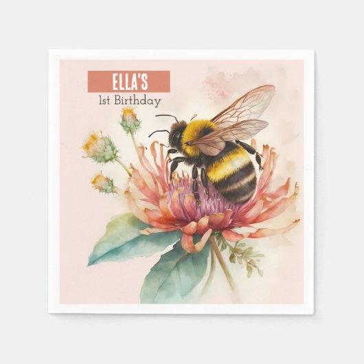 サマーウォーターカラー(昆虫)マルハナバチ第1誕生日 スタンダードカクテルナプキン (正面)