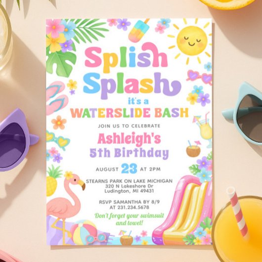 サマーウォータースライドガールバースデーパーティー 招待状