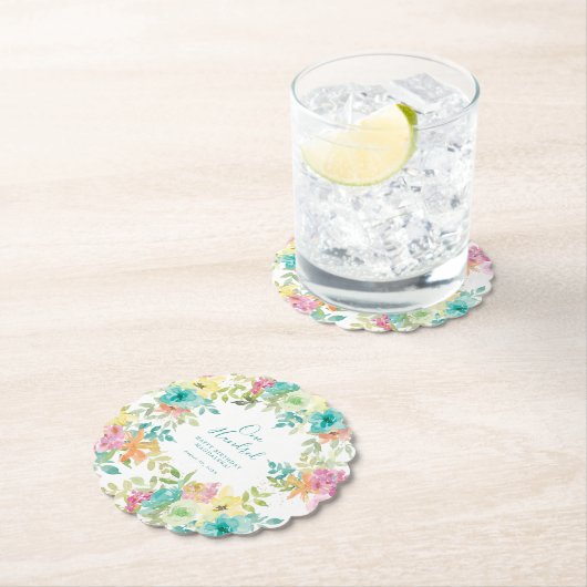 サマーウォーター色カスタムフローラ100誕生日 ペーパーコースター (インサイチュ)