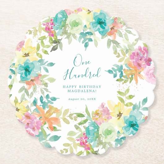 サマーウォーター色カスタムフローラ100誕生日 ペーパーコースター (正面)