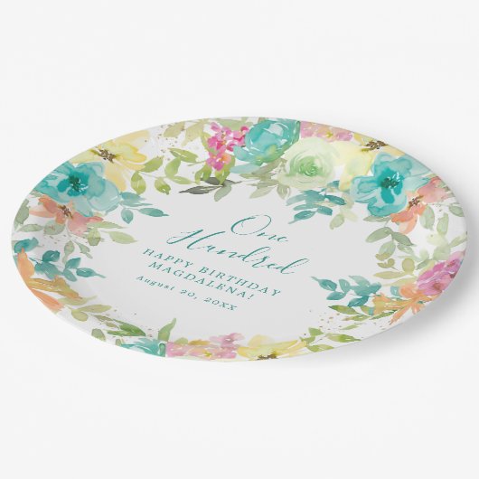 サマーウォーター色カスタムフローラ100誕生日 ペーパープレート (アングル)