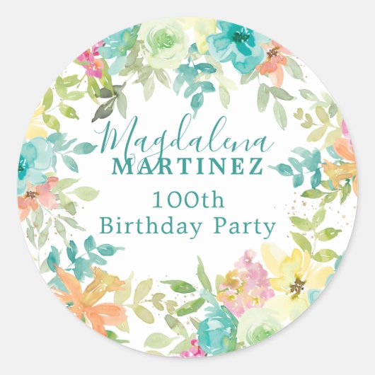 サマーウォーター色カスタムフローラ100誕生日 ラウンドシール (正面)