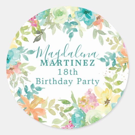 サマーウォーター色カスタムフローラ18誕生日 ラウンドシール (正面)