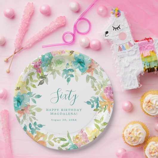 サマーウォーター色カスタムフローラ60誕生日 ペーパープレート (パーティー)