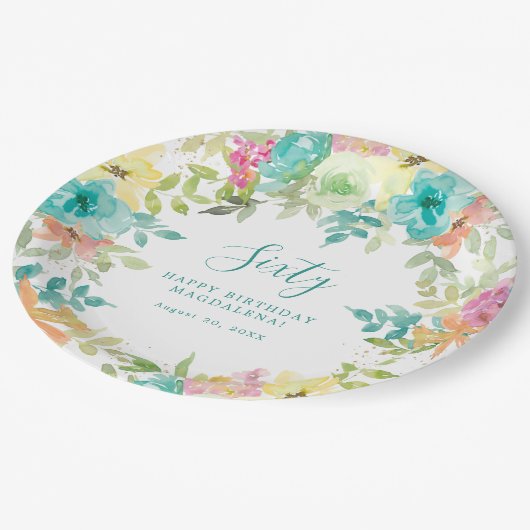 サマーウォーター色カスタムフローラ60誕生日 ペーパープレート (アングル)