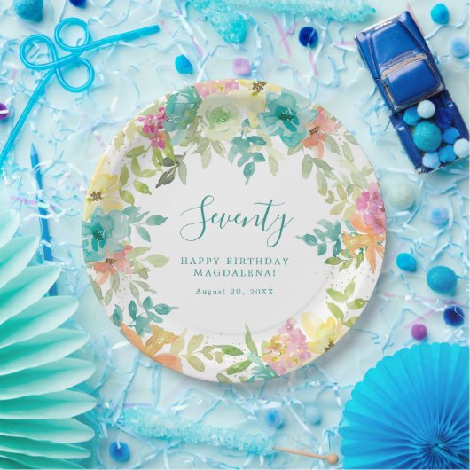 サマーウォーター色カスタムフローラ70誕生日 ペーパープレート (パーティー)