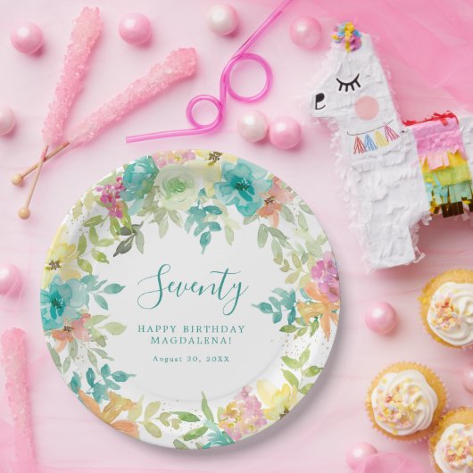 サマーウォーター色カスタムフローラ70誕生日 ペーパープレート (パーティー)