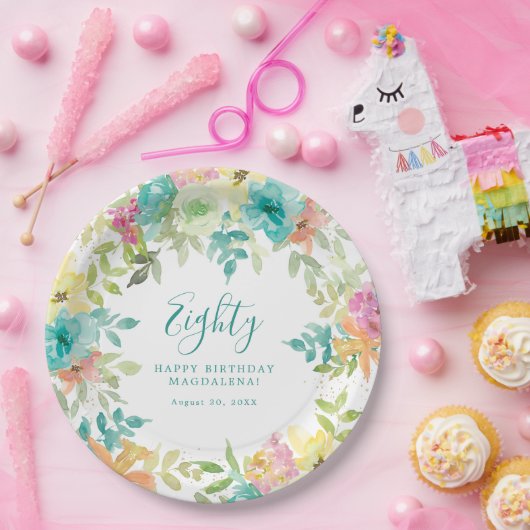 サマーウォーター色カスタムフローラ80誕生日 ペーパープレート (パーティー)