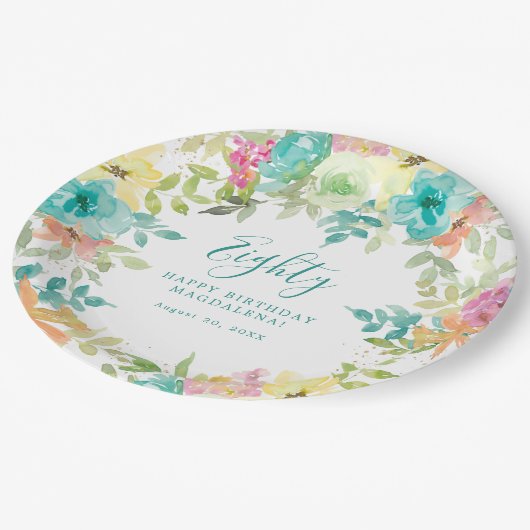 サマーウォーター色カスタムフローラ80誕生日 ペーパープレート (アングル)