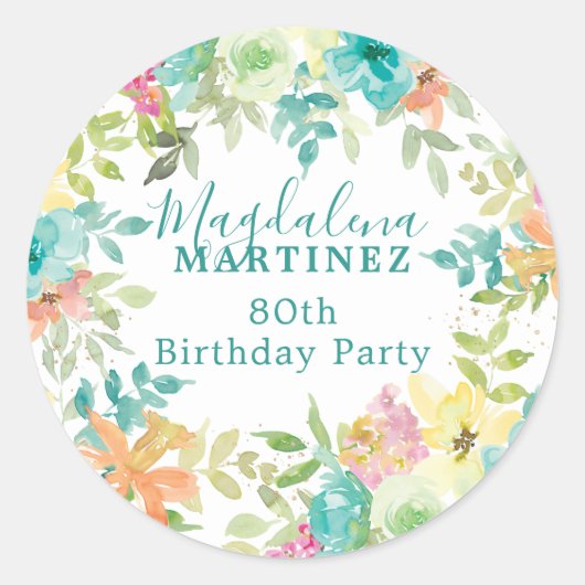 サマーウォーター色カスタムフローラ80誕生日 ラウンドシール (正面)