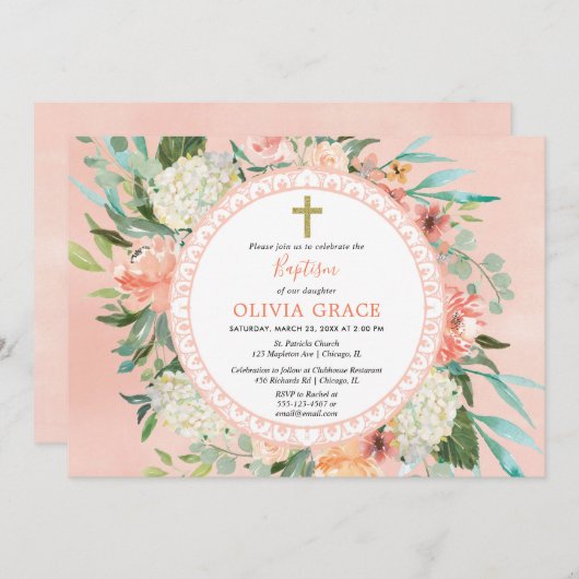 サマーエレガントピーチフローラバプティスガール 招待状 (正面/裏面)