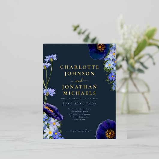 サマーエレガントフローラネイビーブルーと金ゴールド 箔招待状ポストカード (立ち正面)