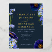 サマーエレガントフローラネイビーブルーと金ゴールド 箔招待状ポストカード (正面)