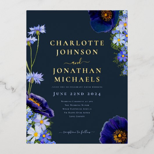 サマーエレガントフローラネイビーブルーと金ゴールド 箔招待状ポストカード (正面)